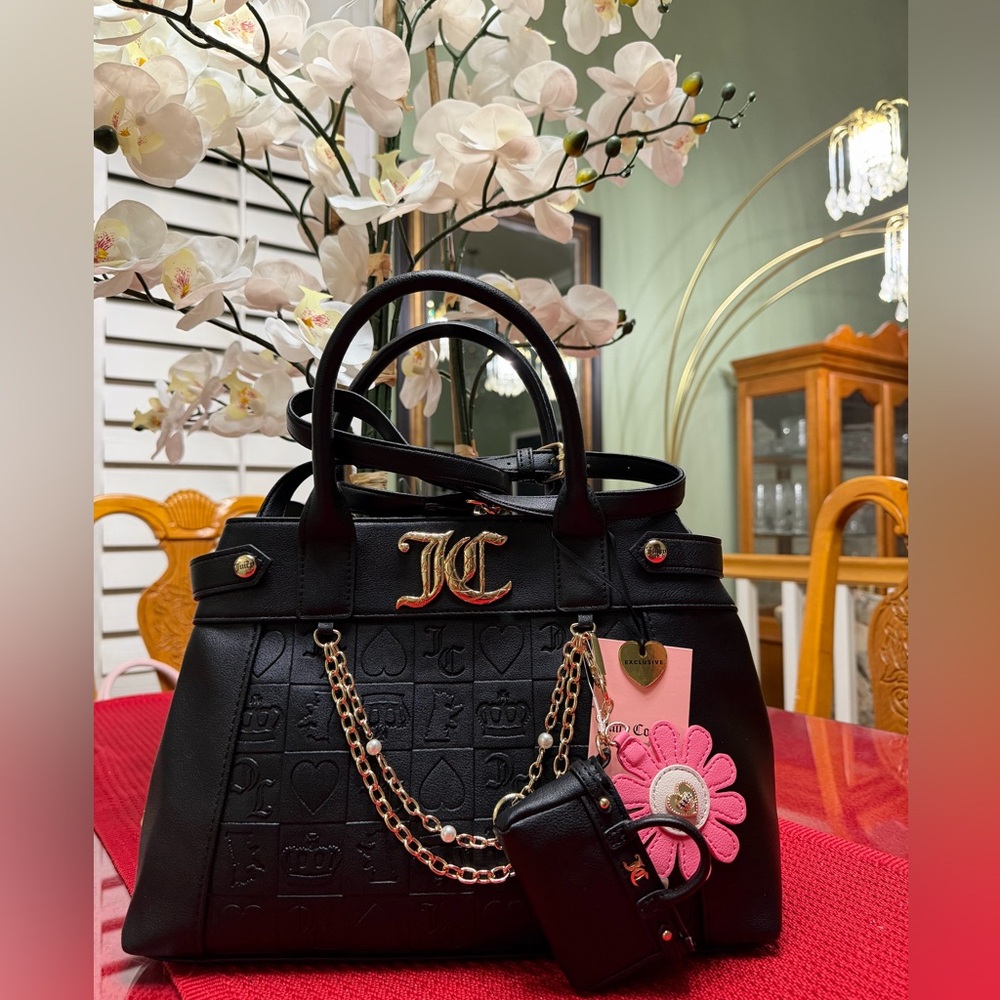 NWT JUICY COUTURE Embossed Black PRETTY PIP SATCHEL with Gold Chain and Charm